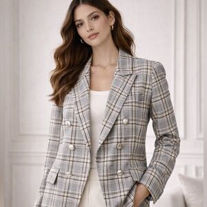 Nine West New Plaid Double Breasted Blazer Neutral Tailored Career Jacket XXL